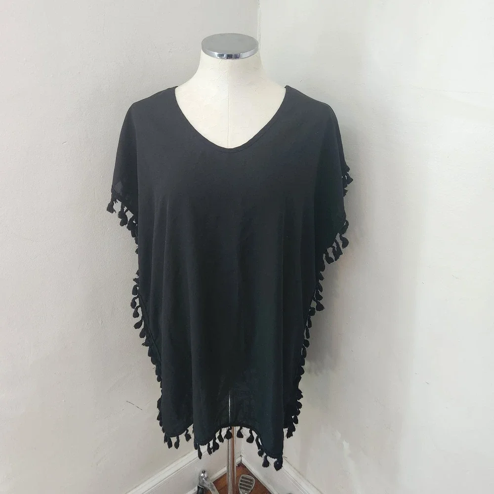 Yincra Black Tassel Trim V-Neck Swimsuit Cover Up‎ Kaftan Dress Womens Large